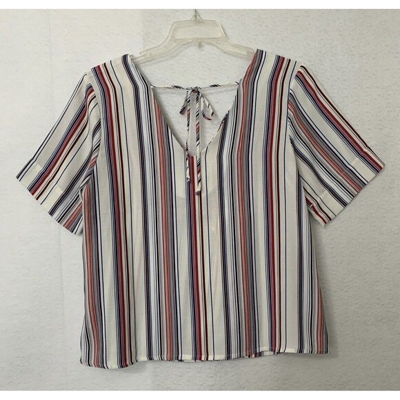 Luxology Blouse Women Medium Multicolor Red White Blue Vertical Stripe Tie Comfy - Picture 2 of 10